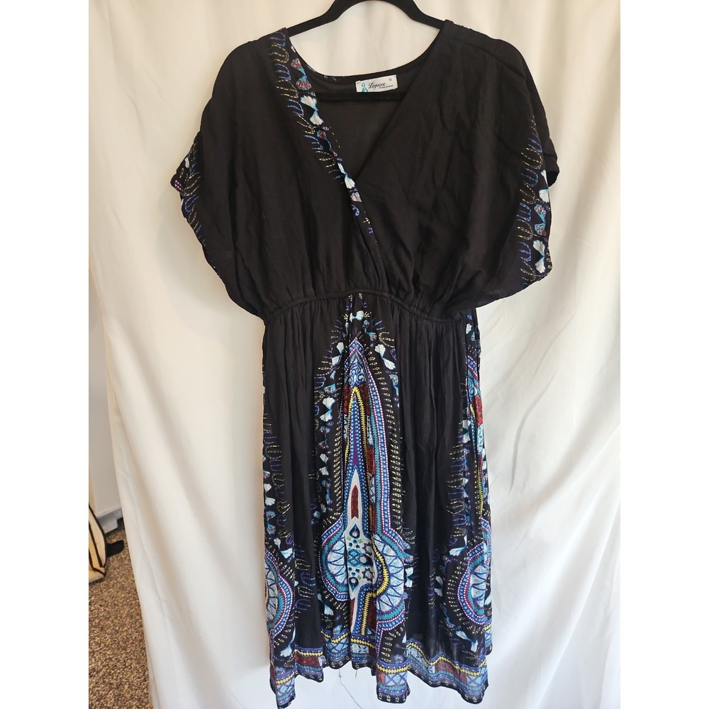 Lapogee Dashiki Print Midi Dress Women 1X Black Excellent Plus Size India